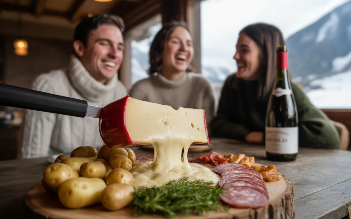 Table en bois avec une fondue au fromage, des pommes de terre, de la charcuterie et du vin, trois personnes rient en arrière-plan.