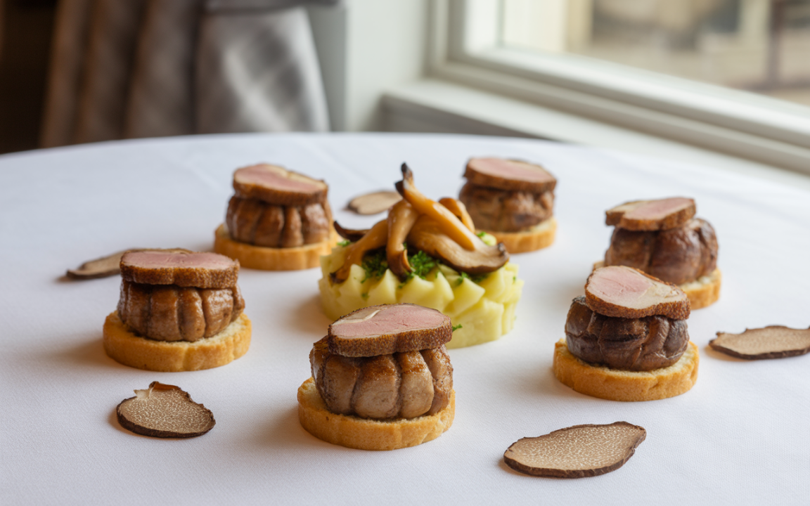 Assiette élégamment dressée avec des bouchées de viande sur des tranches de pain, garnies de truffe, entourant une purée.