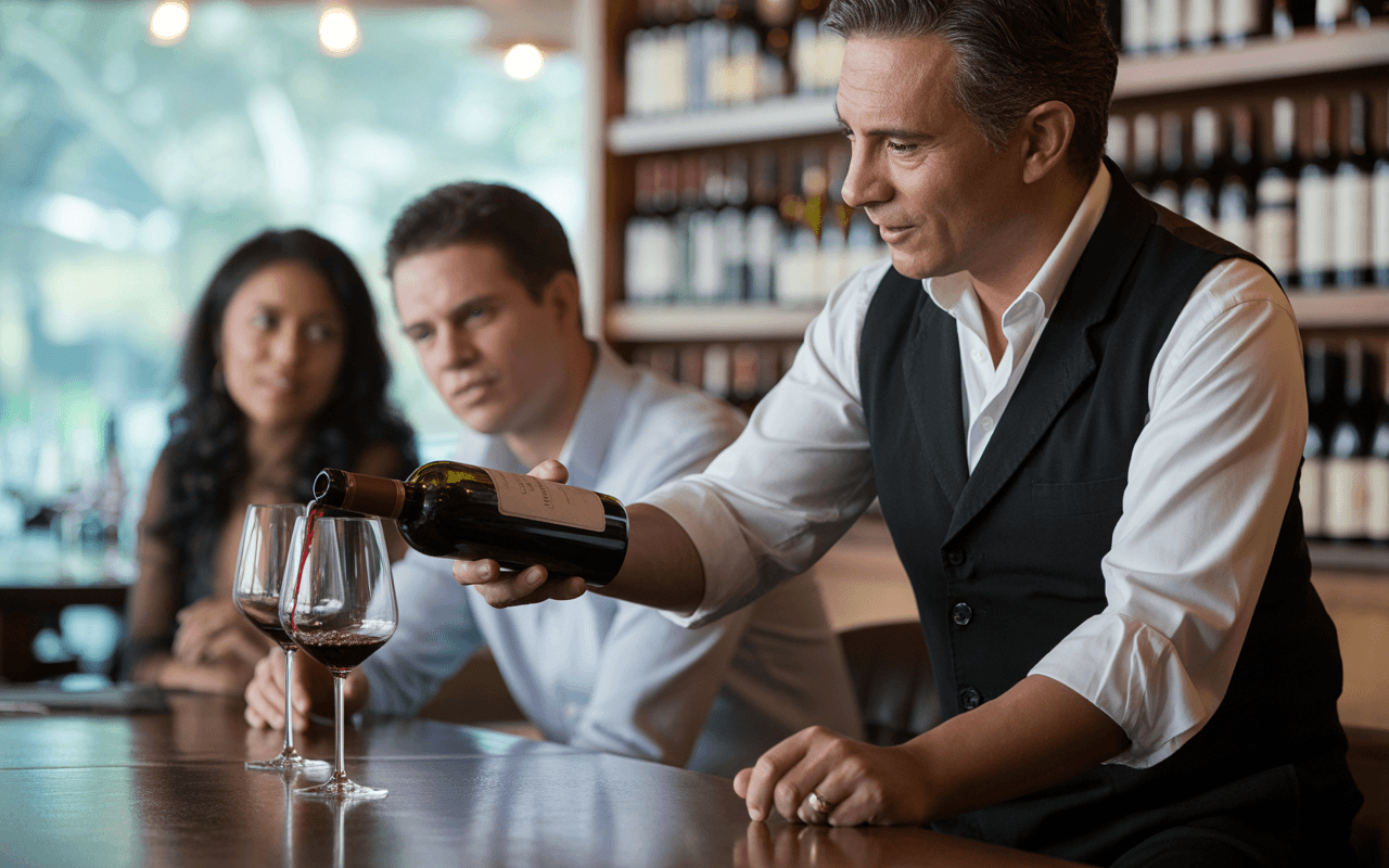 Un sommelier verse du vin rouge dans un verre, tandis que deux clients l'observent attentivement. Ambiance élégante et décontractée.