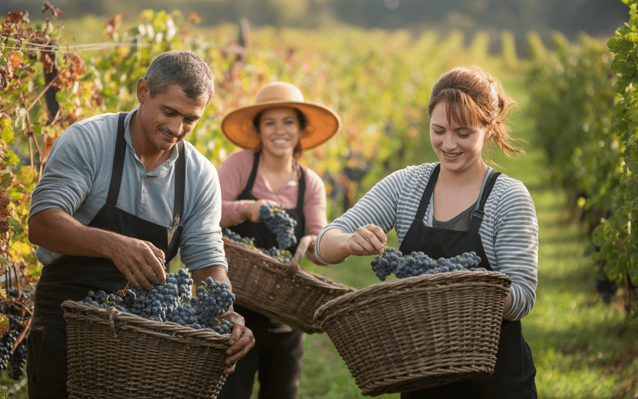 Trois vignerons cueillent des raisins dans un vignoble, souriants, portant des paniers en osier sous un ciel lumineux.