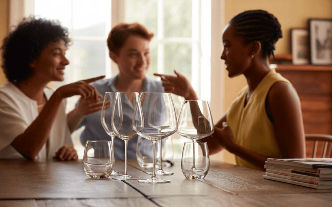 Trois femmes discutent autour d'une table en bois, avec plusieurs verres à portée de main. Ambiance chaleureuse.