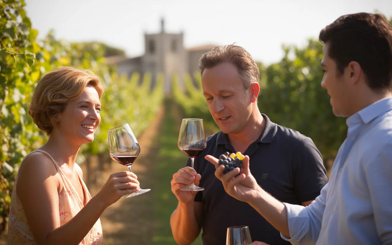 Trois personnes dans un vignoble dégustent du vin et discutent de raisins sous un soleil éclatant.