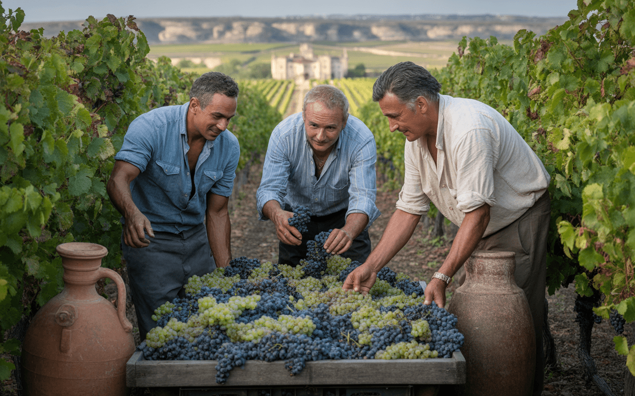 Trois hommes travaillent dans un vignoble, triant des grappes de raisins sur un chariot, avec des collines en arrière-plan.