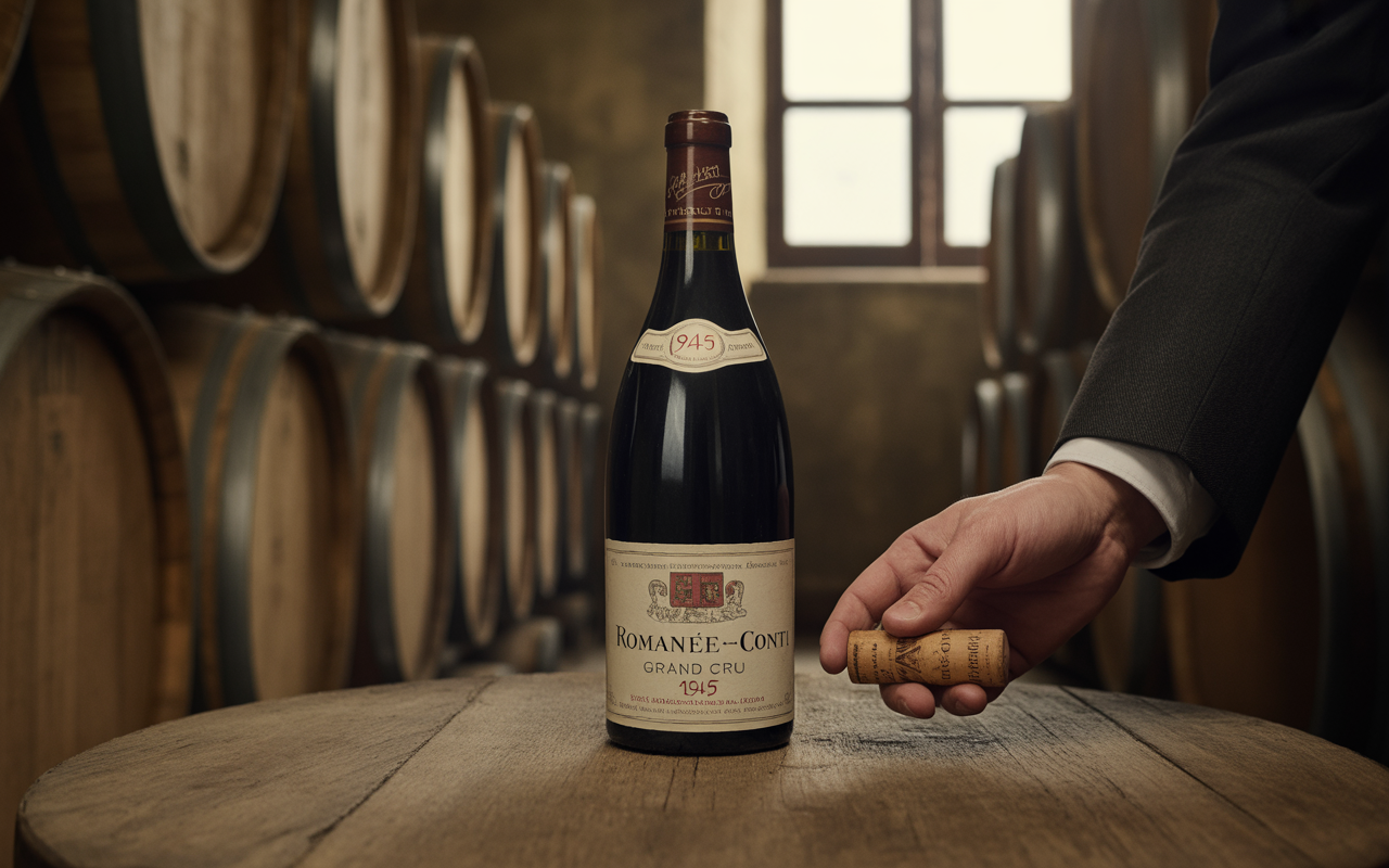 Bouteille de vin Romanee-Conti 1945, posée sur une table en bois, avec une main tenant un bouchon et des fût en arrière-plan.