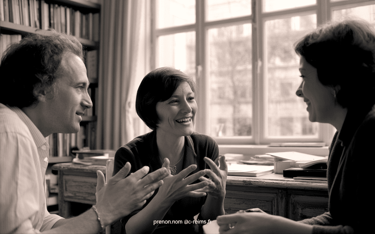 Trois personnes souriantes discutent autour d'une table, entourées de livres, avec une lumière naturelle entrante par la fenêtre.