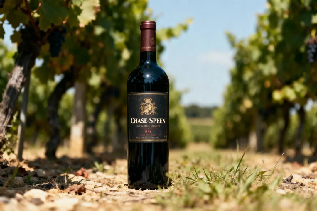 Bouteille de vin Chase-Speen rouge posée entre des rangées de vignes verdoyantes sous un ciel ensoleillé.
