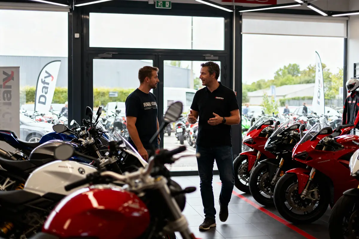 Deux hommes discutent dans un magasin de motos, entourés de divers modèles exposés.