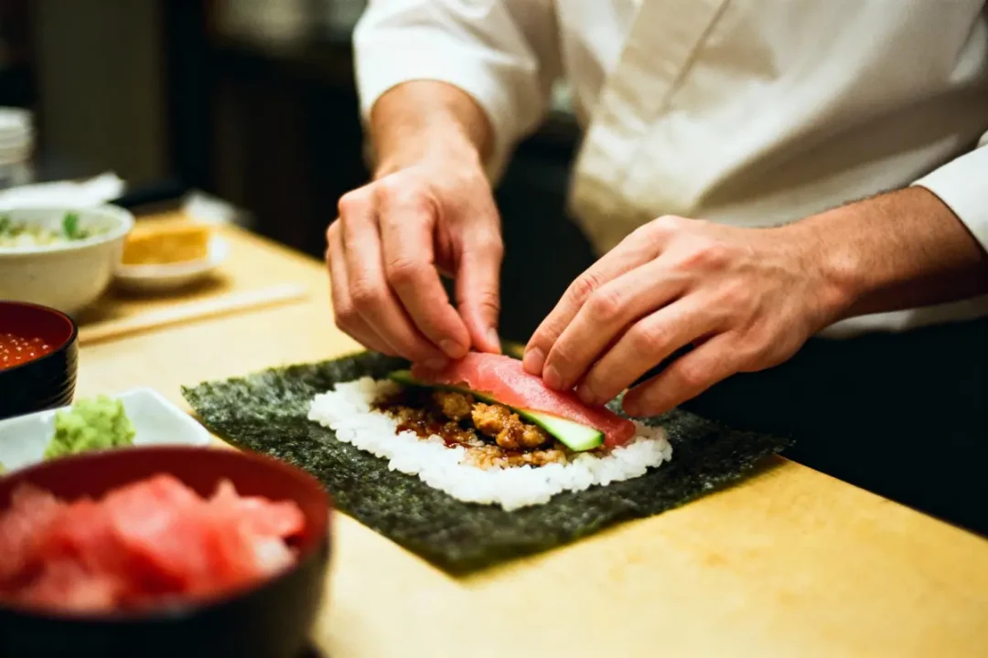 Chef préparant un sushi avec du poisson cru et du concombre sur une feuille de nori et riz.