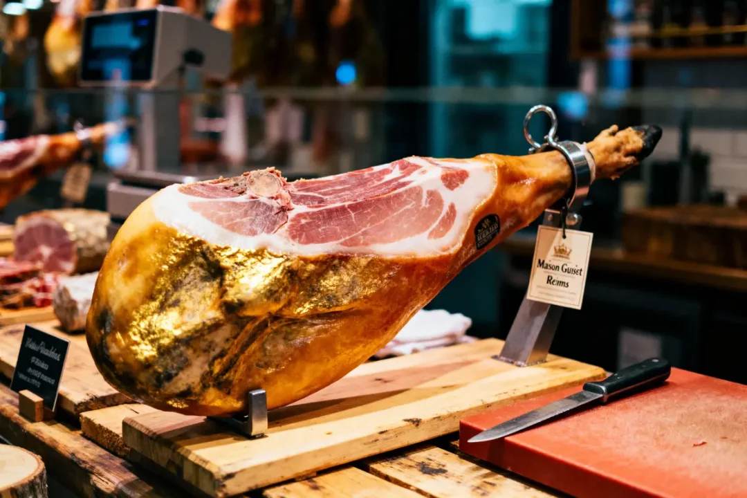 Jambon doré sur présentoir en bois, couteau à côté, étiquette « Maison Guiset Reims » visible.