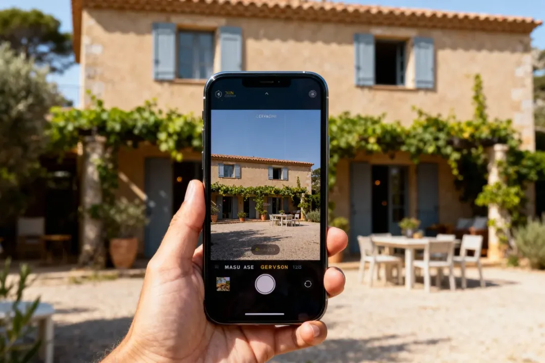 Smartphone prenant photo maison provençale, volets bleus, vigne, table et chaises extérieures.