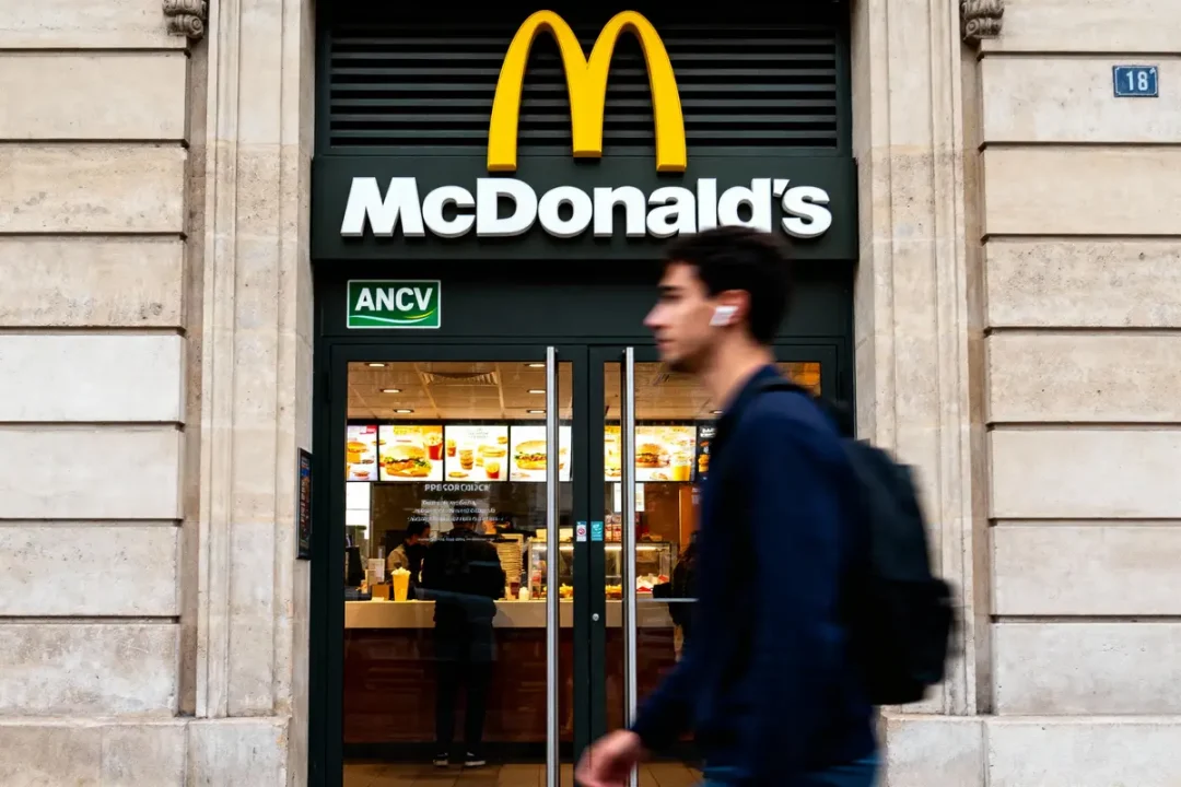 Entrée d'un restaurant McDonald's avec enseigne, homme passant devant, écouteurs, sac à dos.