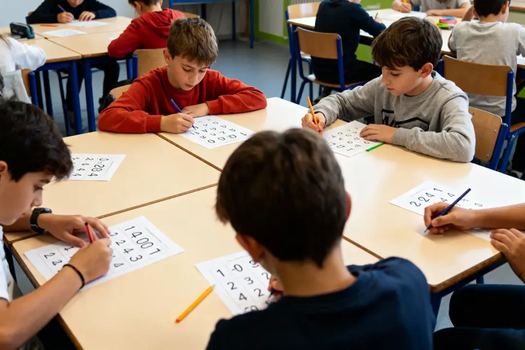 Des enfants écrivent sur des feuilles de calcul en classe, concentrés et attentifs.