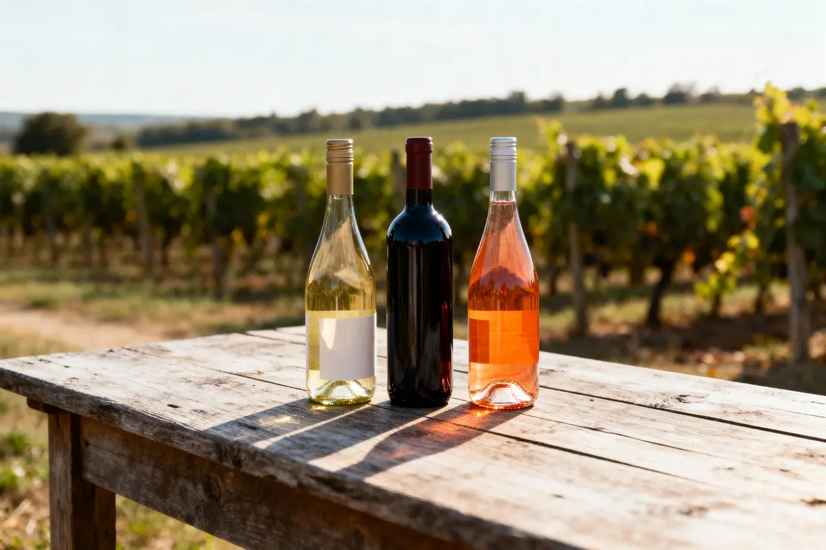 Trois bouteilles de vin sur une table en bois, vignoble verdoyant en arrière-plan sous le soleil.