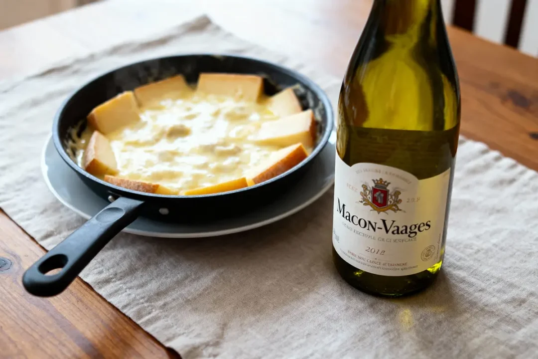 Poêlon de fromage fondu avec morceaux de pain, accompagné d'une bouteille de vin blanc Macon-Vaages.