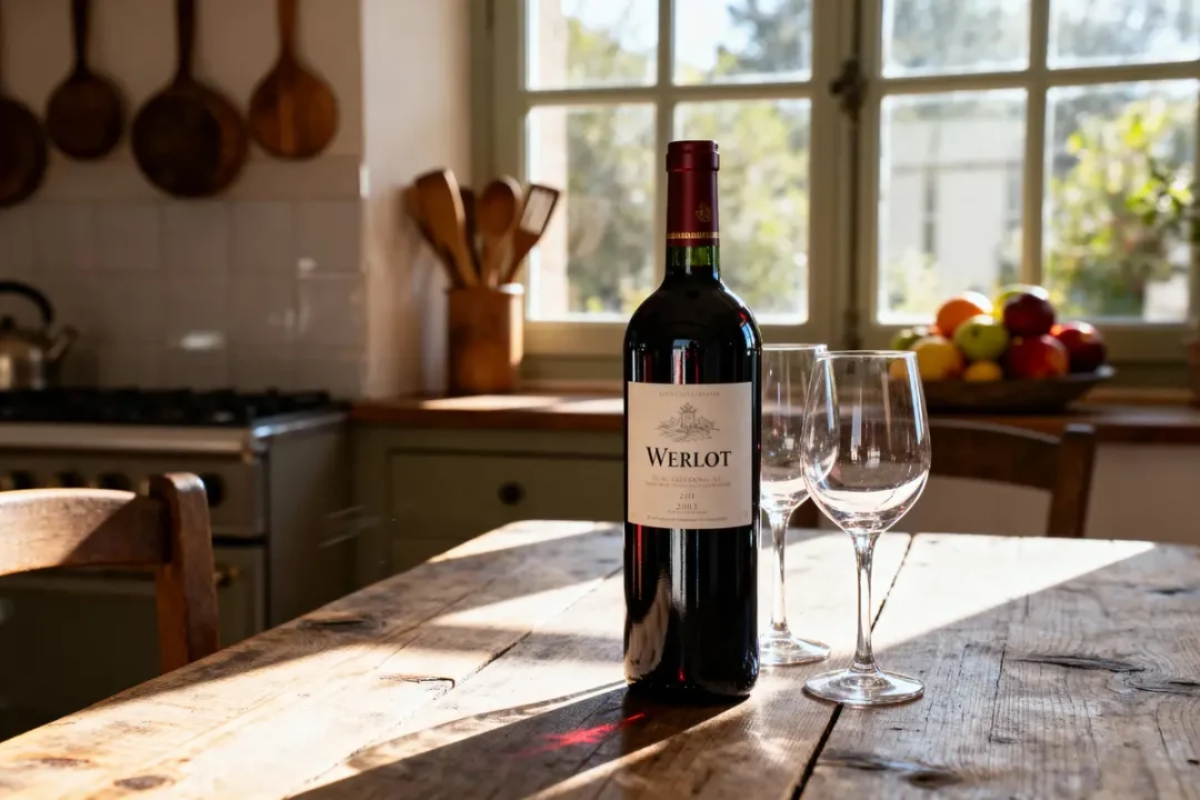 Bouteille de vin rouge et deux verres sur table en bois, cuisine ensoleillée avec fenêtre et fruits en arrière-plan.