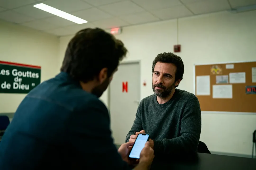 Deux hommes discutant dans une salle, l'un tient un téléphone. Fond avec tableau d'affichage et affiche.