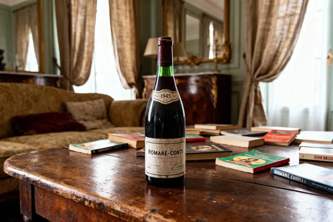 Bouteille de vin 1945 sur table en bois entourée de livres dans un salon élégant.