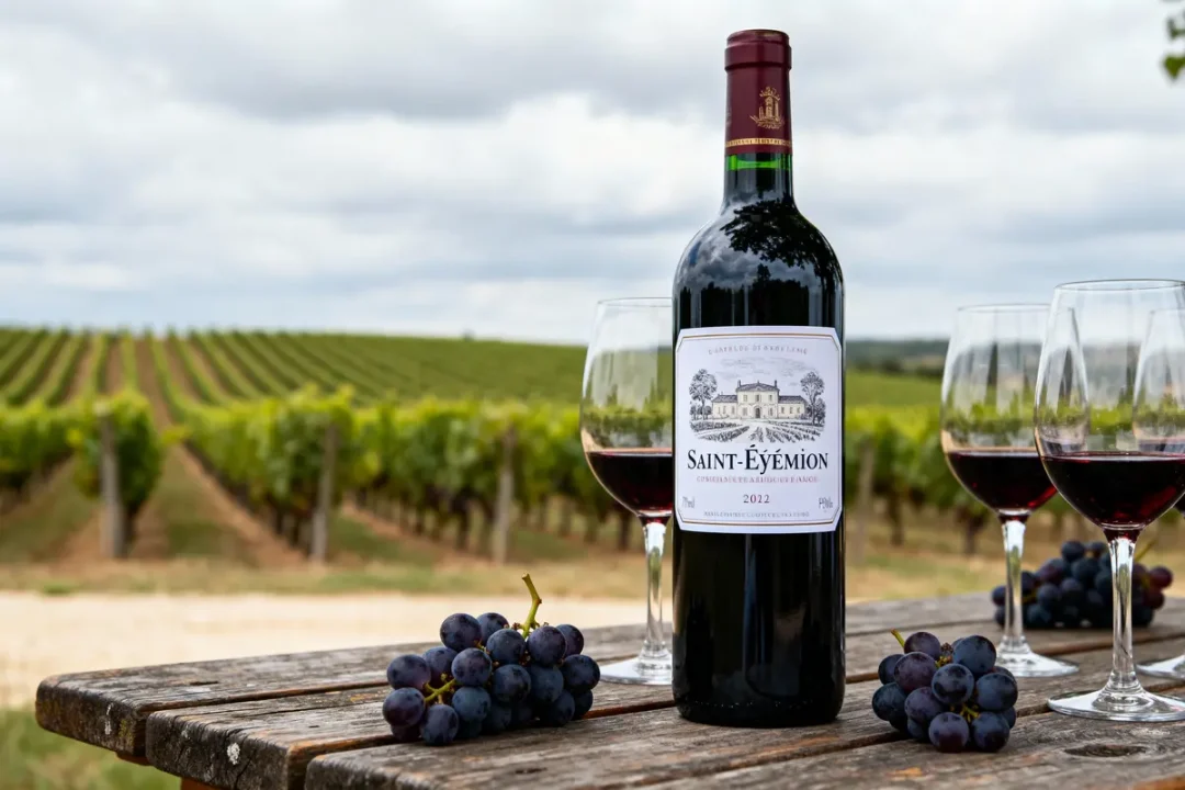 Bouteille de vin rouge Saint-Éyémion avec verres et raisins sur table, vignoble en arrière-plan.