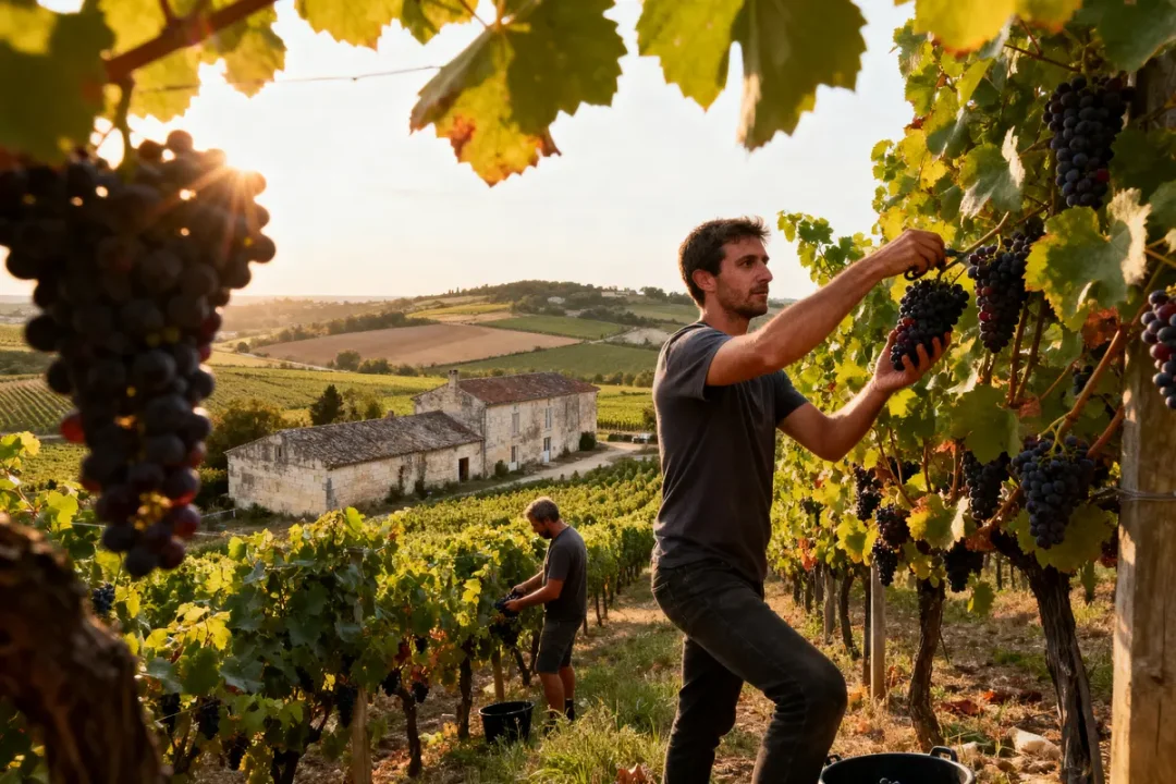 Homme récoltant du raisin dans un vignoble ensoleillé, collines et bâtiments en arrière-plan.