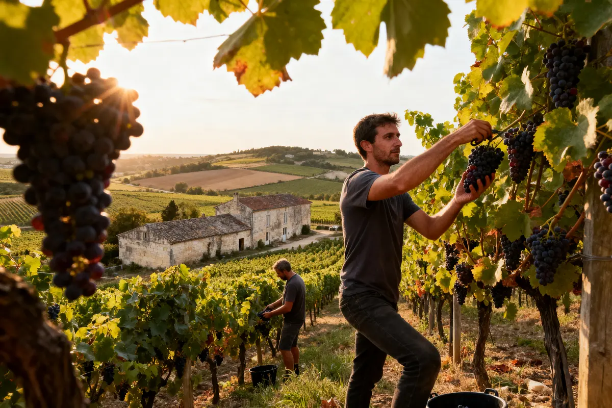 Homme récoltant du raisin dans un vignoble ensoleillé, collines et bâtiments en arrière-plan.