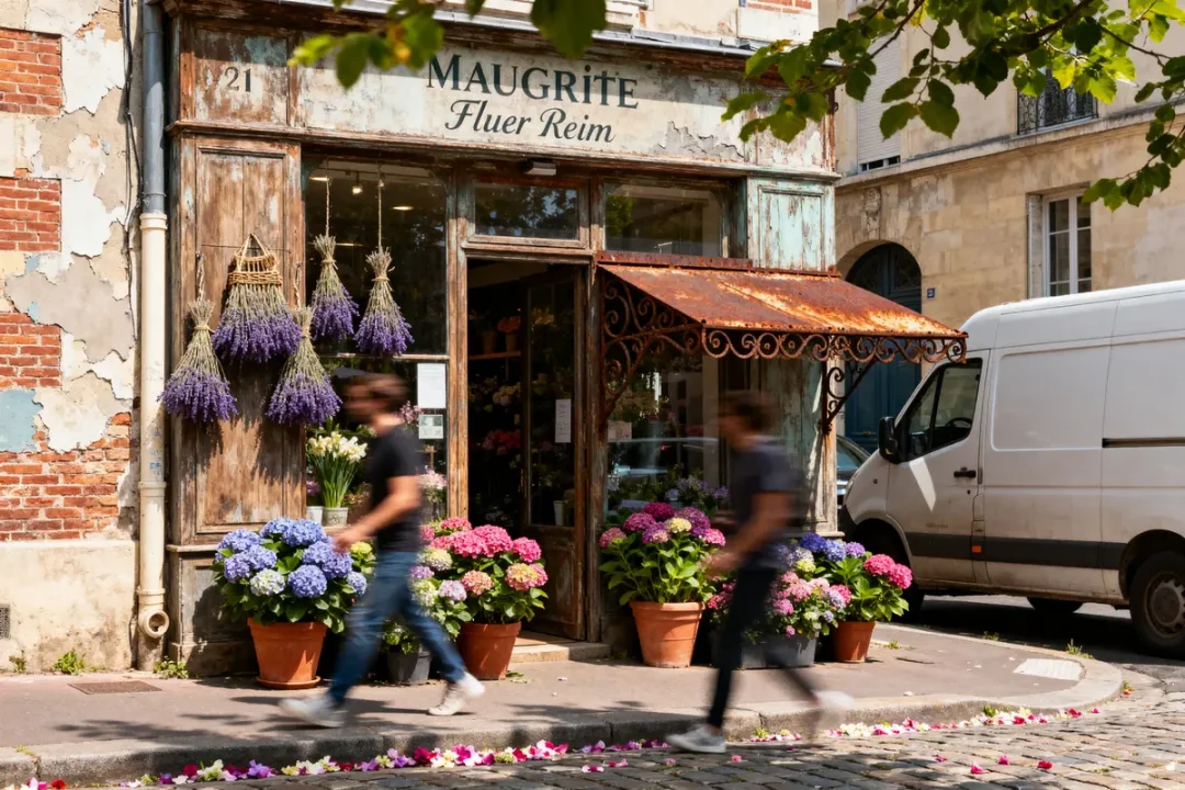 Vieille boutique fleuriste avec hortensias colorés et bouquets lavande, deux personnes marchent devant, camionnette blanche garée.