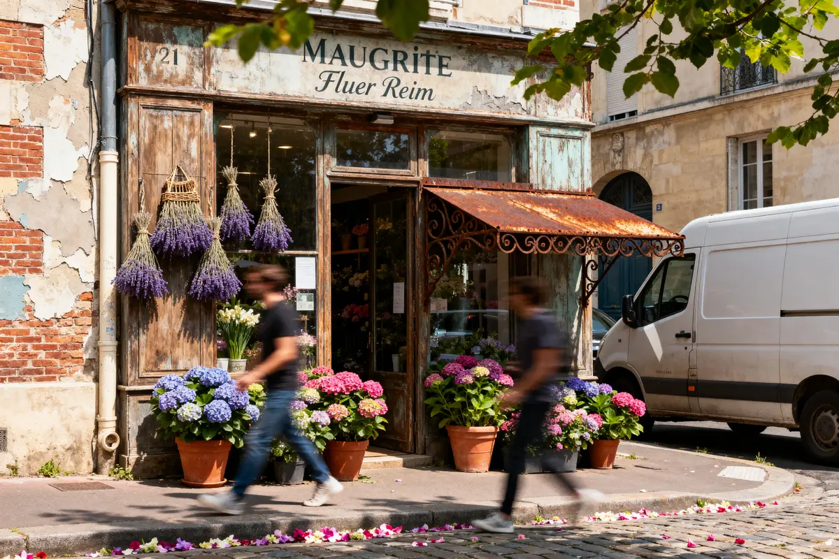 Vieille boutique fleuriste avec hortensias colorés et bouquets lavande, deux personnes marchent devant, camionnette blanche garée.