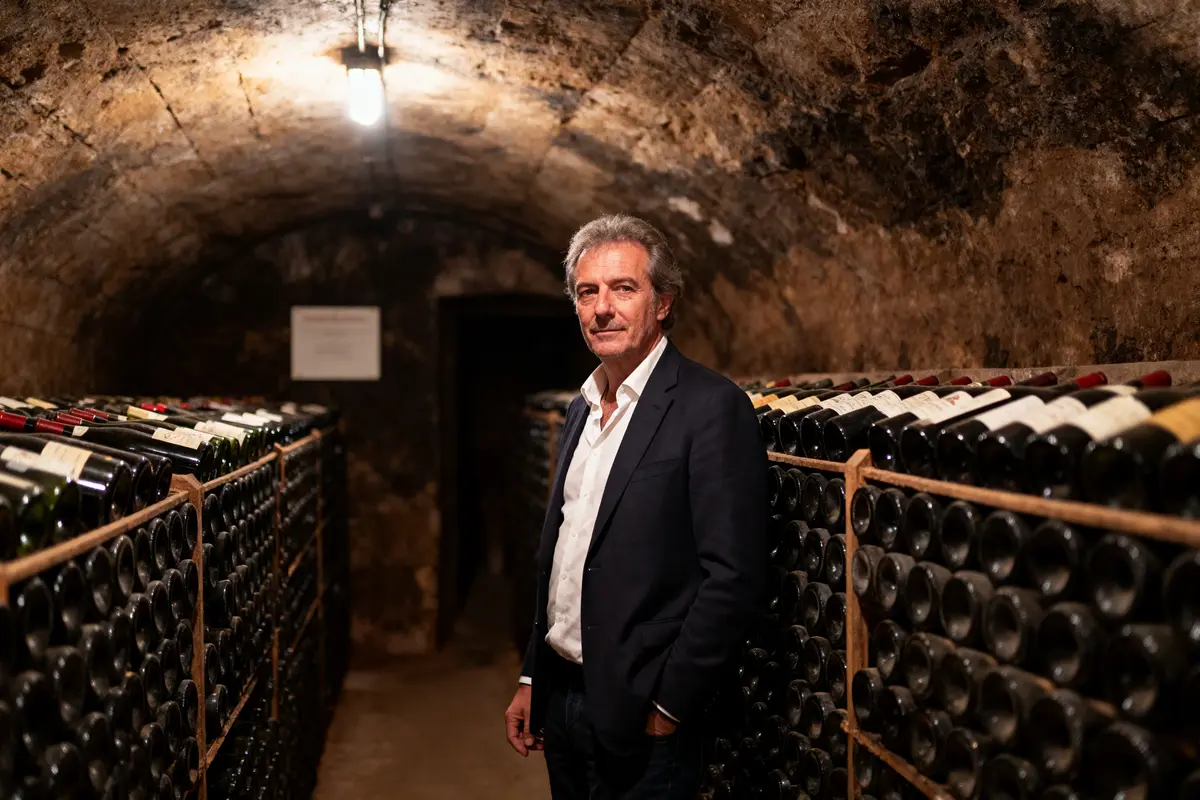 Homme en costume dans cave à vin avec bouteilles empilées sous lumière tamisée.