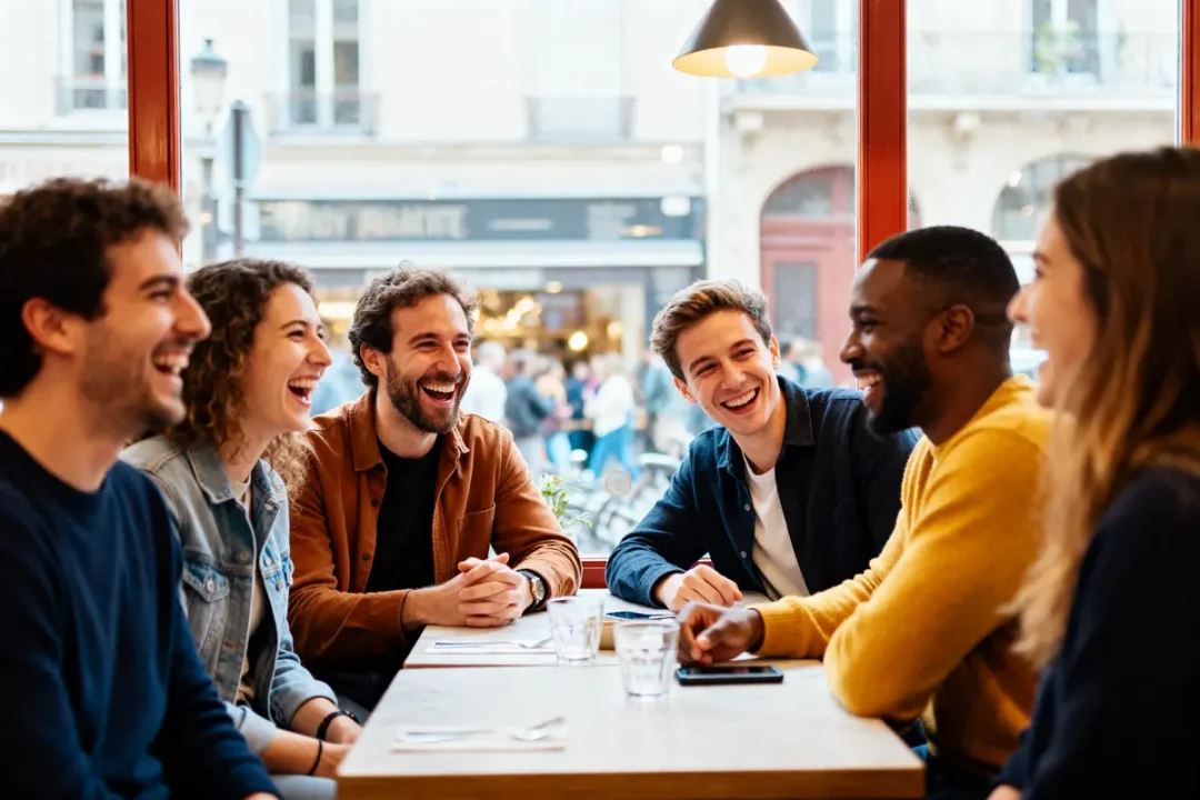 Six personnes rient autour d'une table dans un café lumineux, ambiance conviviale et détendue.