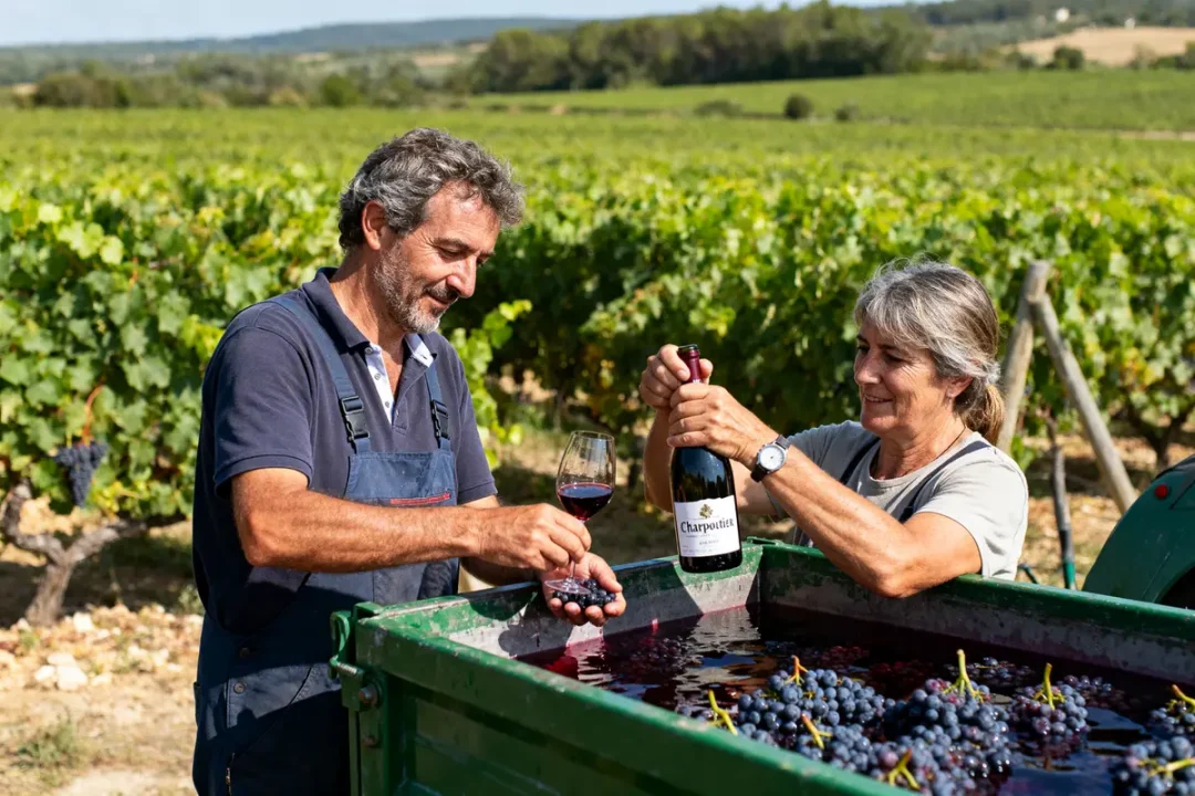 Deux personnes dégustent du vin près d'une cuve de raisins dans un vignoble ensoleillé.