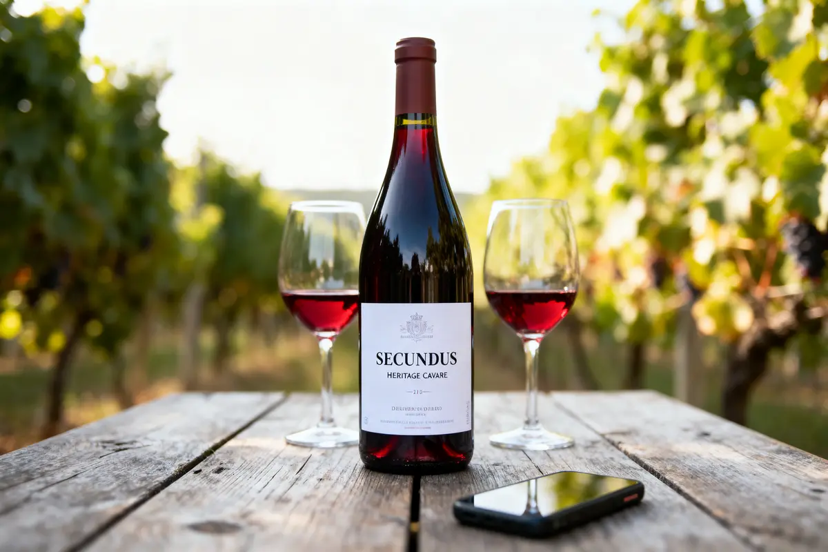 Bouteille de vin rouge avec deux verres et smartphone sur table en bois, fond de vignoble.