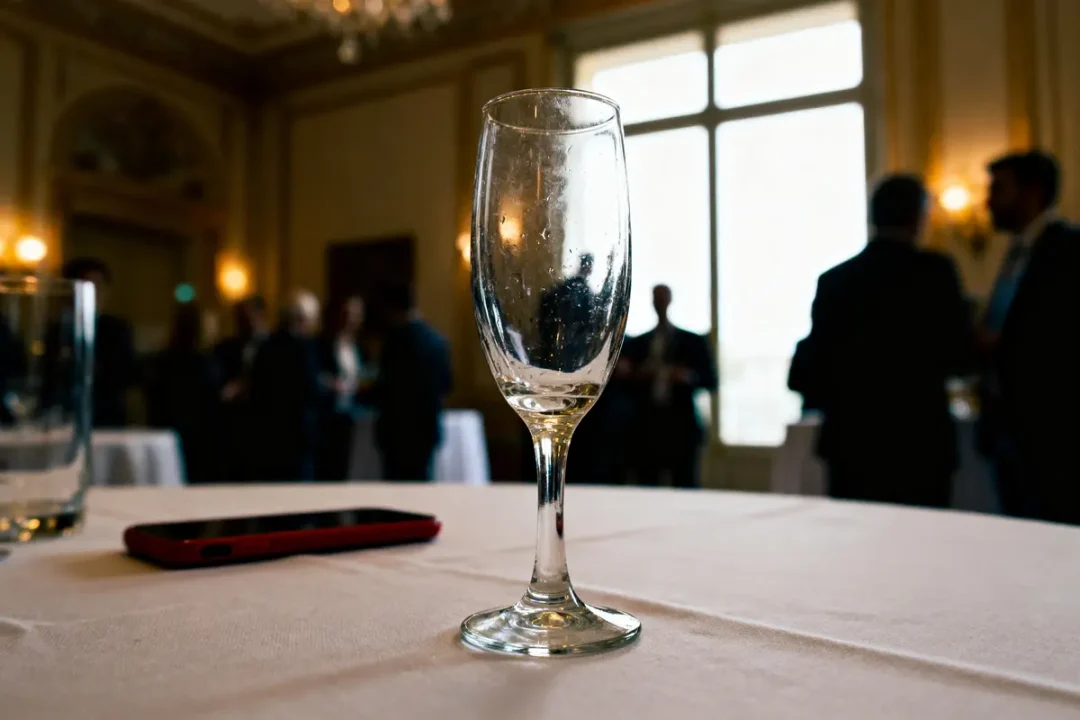Verre vide sur table, téléphone, arrière-plan flou, personnes en costume discutant dans une salle élégante.