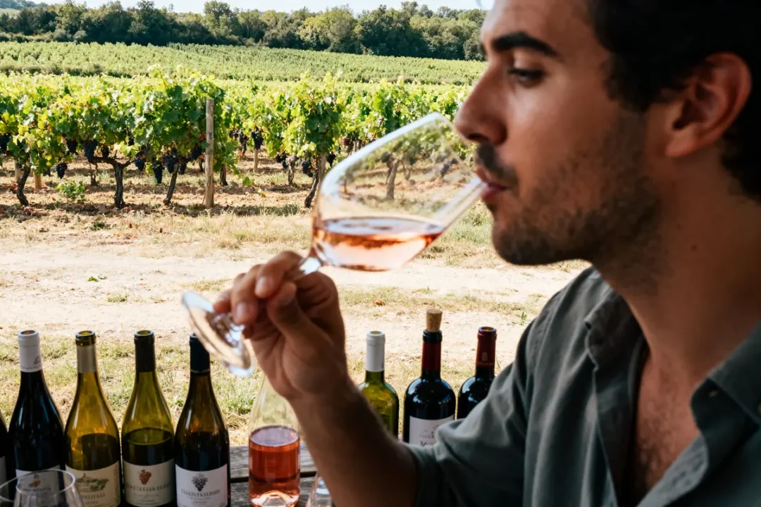 Homme dégustant du vin rosé dans un vignoble, table avec bouteilles variées au premier plan.