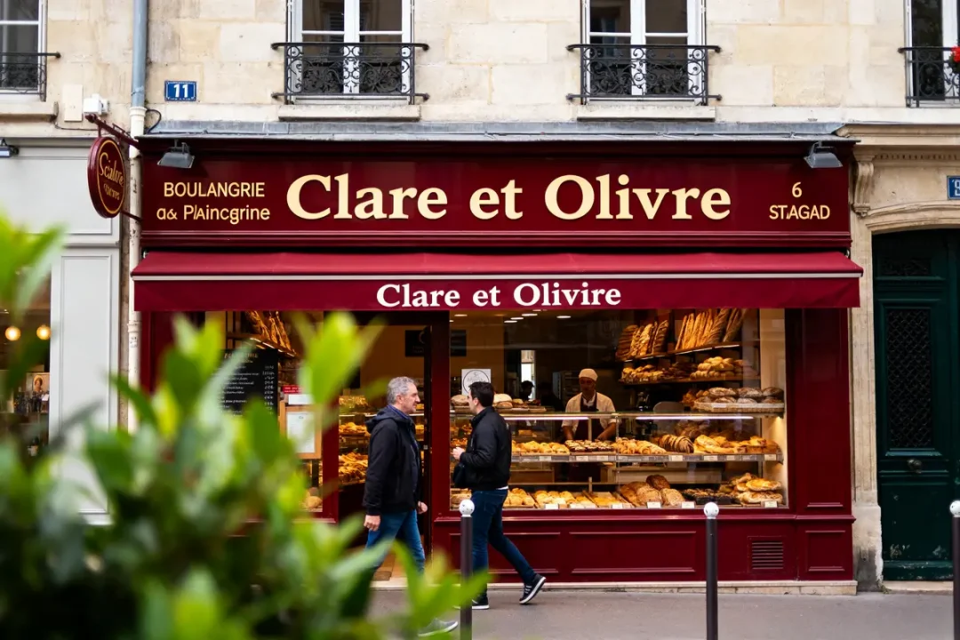 Façade d'une boulangerie "Clare et Olivre" avec deux passants, vitrines remplies de pains.