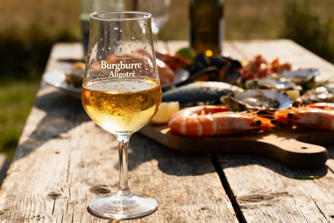 Verre de vin blanc "Burgburre Aligoté" avec fruits de mer sur table en bois en extérieur.