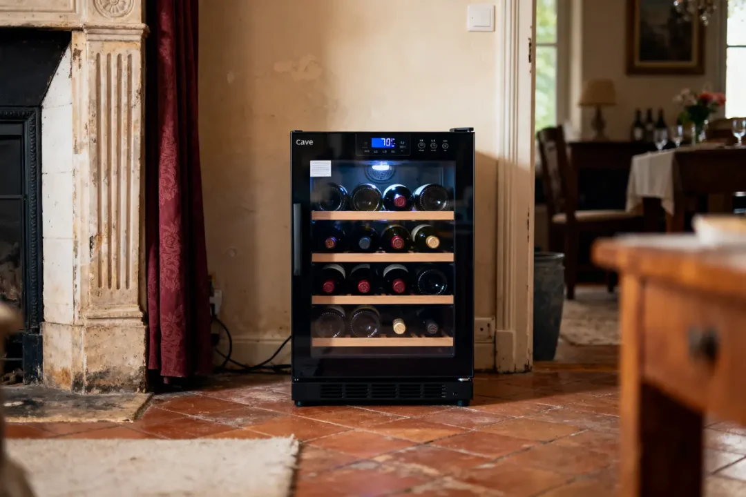 Cave à vin moderne noire avec bouteilles, située dans un salon, cheminée en arrière-plan.