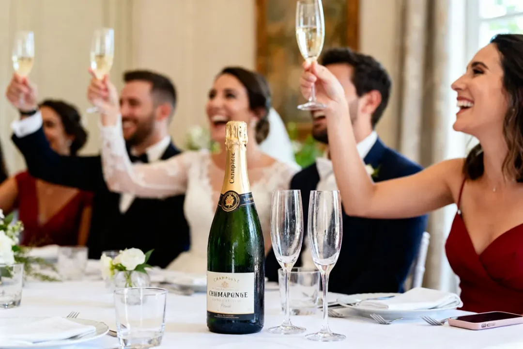 Des personnes lèvent des verres de champagne, souriantes, lors d'une célébration avec bouteille et flûtes sur table.
