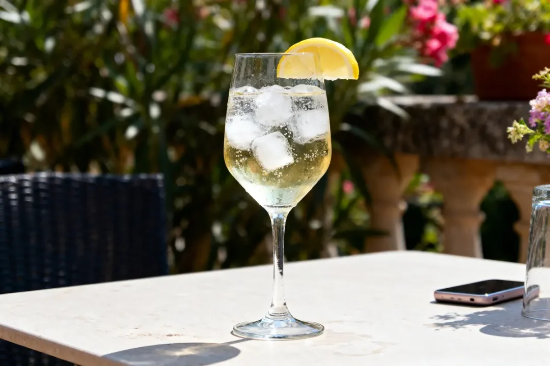 Verre de boisson pétillante avec glaçons et citron sur table extérieure, jardin en arrière-plan.