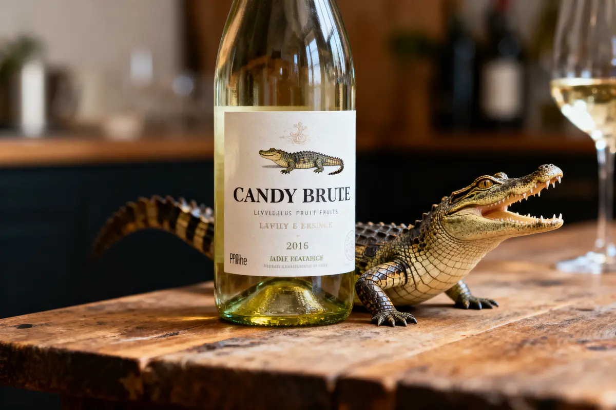 Bouteille de vin "Candy Brute" sur table en bois avec figurine de crocodile à côté.