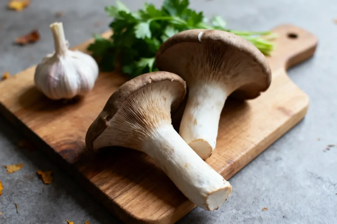 Champignons, ail et persil sur planche en bois, fond gris avec quelques feuilles jaunes.
