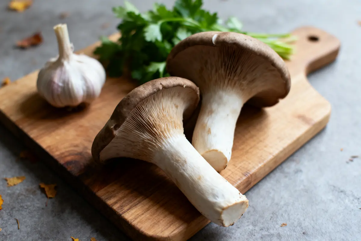 Champignons, ail et persil sur planche en bois, fond gris avec quelques feuilles jaunes.