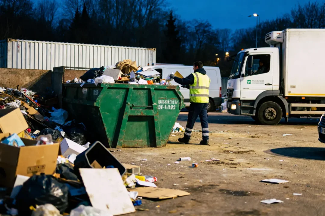 Homme en gilet jaune triant des déchets devant un camion à benne dans une déchetterie en soirée.