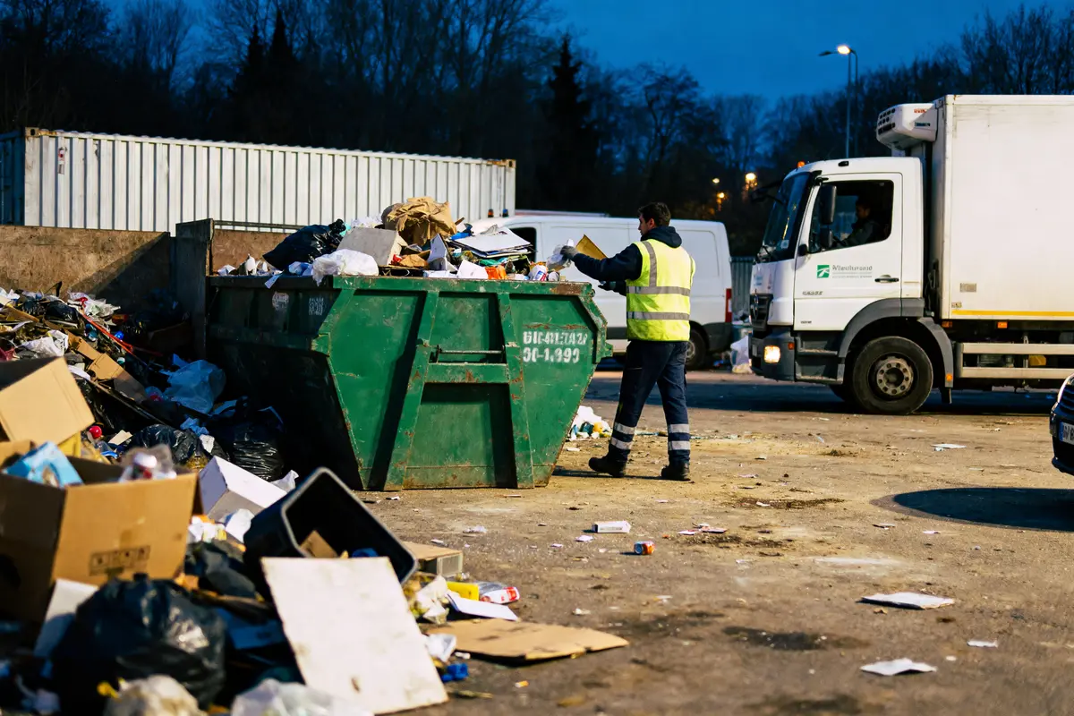 Homme en gilet jaune triant des déchets devant un camion à benne dans une déchetterie en soirée.