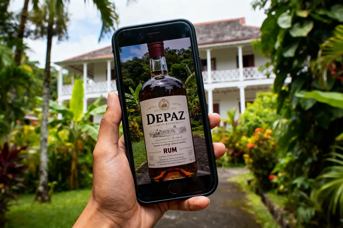 Main tenant un téléphone affichant une bouteille de rhum Depaz devant un bâtiment colonial entouré de végétation.
