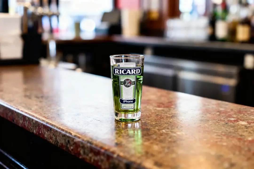 Verre Ricard avec boisson verte sur comptoir de bar, arrière-plan flou avec bouteilles.