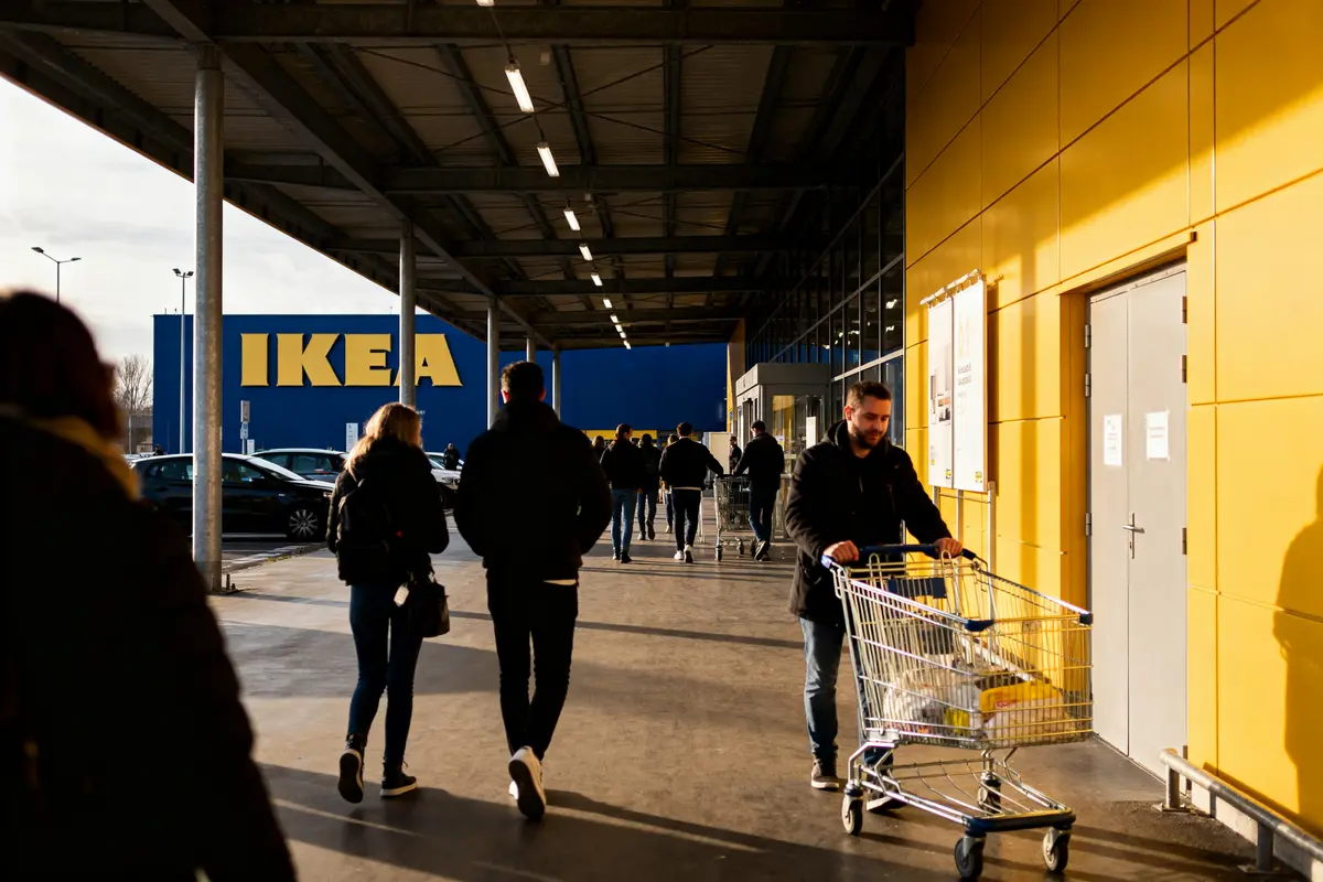Personnes marchant vers Ikea, chariots de courses, bâtiment jaune et bleu, stationnement en arrière-plan.