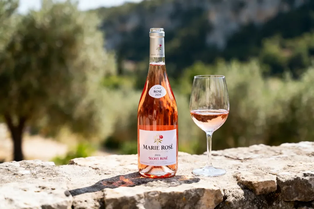 Bouteille de vin rosé et verre sur muret, paysage flou d'arrière-plan.
