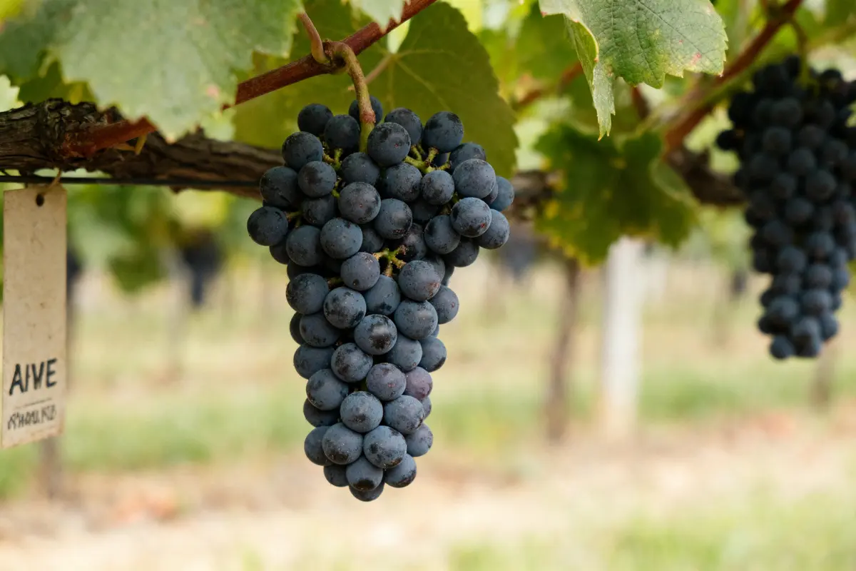 Grappe de raisin noir mûr suspendue à une vigne avec feuille verte en arrière-plan flou.