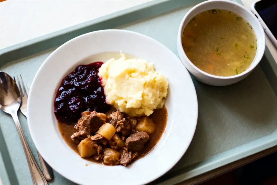 Assiette avec viande, purée de pommes de terre, compote de fruits rouges, accompagnée d'une soupe sur un plateau.