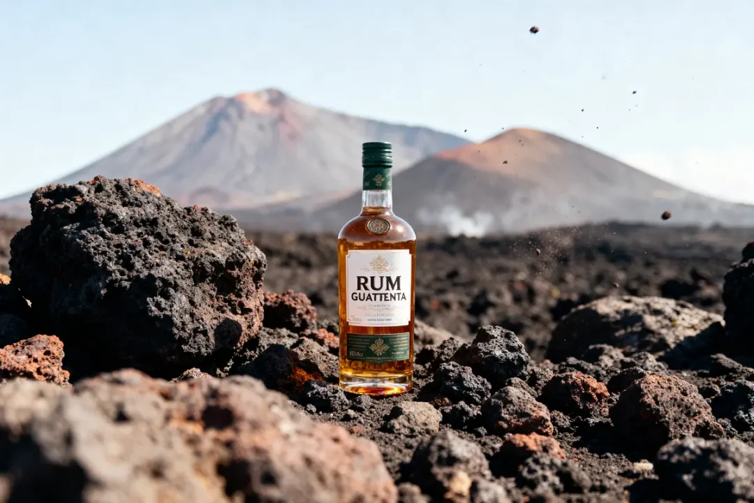 Bouteille de rhum Guattenta sur roches volcaniques, montagnes en arrière-plan sous ciel dégagé.