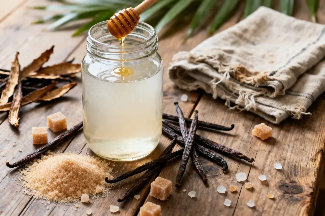 Pot de miel, vanille, sucre, et torchon sur table en bois rustique, éléments naturels.